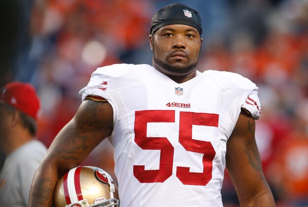 Oct 19, 2014; Denver, CO, USA; San Francisco 49ers outside linebacker Ahmad Brooks (55) before the game against the Denver Broncos at Sports Authority Field at Mile High. Mandatory Credit: Chris Humphreys-USA TODAY Sports