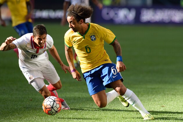 Brazil's Marcelo (R) controls the ball in front of Costa Rica's Patrick Pemberton during the friendly match between Brazil and Costa Rica on September 5, 2015 at Red Bulls Arena in Harrison, New Jersey. AFP PHOTO/DON EMMERT (Photo credit should read DON EMMERT/AFP/Getty Images) Brazil's Marcelo (R) controls the ball in front of Costa Rica's Patrick Pemberton during the friendly match between Brazil and Costa Rica on September 5, 2015 at Red Bulls Arena in Harrison, New Jersey. AFP PHOTO/DON EMMERT (Photo credit should read DON EMMERT/AFP/Getty Images)