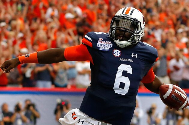 ATLANTA, GA - SEPTEMBER 05:  Jeremy Johnson #6 of the Auburn Tigers reacts after scoring a touchdown against the Louisville Cardinals at Georgia Dome on September 5, 2015 in Atlanta, Georgia.  (Photo by Kevin C. Cox/Getty Images)