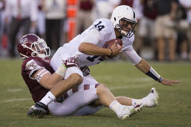 PHILADELPHIA, PA - SEPTEMBER 5: Tyler Matakevich #8 of the Temple Owls sacks Christian Hackenberg #14 of the Penn State Nittany Lions in the fourth quarter on September 5, 2015 at Lincoln Financial Field in Philadelphia, Pennsylvania.  The Owls defeated the Nittany Lions 27-10. (Photo by Mitchell Leff/Getty Images)