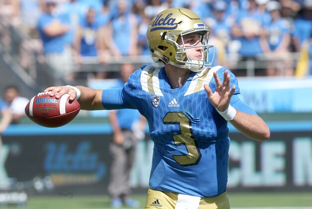 PASADENA, CA - SEPTEMBER 05:  Quarterback Josh Rosen #3 of the UCLA Bruins throws a  pass against the Virginia Cavaliers at the Rose Bowl on September 5, 2015 in Pasadena, California.  UCLA won 34-16.  (Photo by Stephen Dunn/Getty Images)