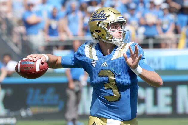 PASADENA, CA - SEPTEMBER 05:  Quarterback Josh Rosen #3 of the UCLA Bruins throws a  pass against the Virginia Cavaliers at the Rose Bowl on September 5, 2015 in Pasadena, California.  UCLA won 34-16.  (Photo by Stephen Dunn/Getty Images)