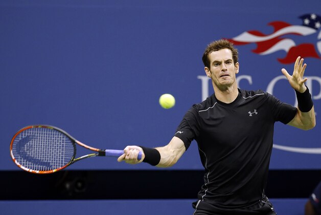 Sep 5, 2015; New York, NY, USA; Andy Murray of Great Britain hits a forehand against Thomaz Bellucci of Brazil (not pictured) on day six of the 2015 U.S. Open tennis tournament at USTA Billie Jean King National Tennis Center. Mandatory Credit: Geoff Burke-USA TODAY Sports