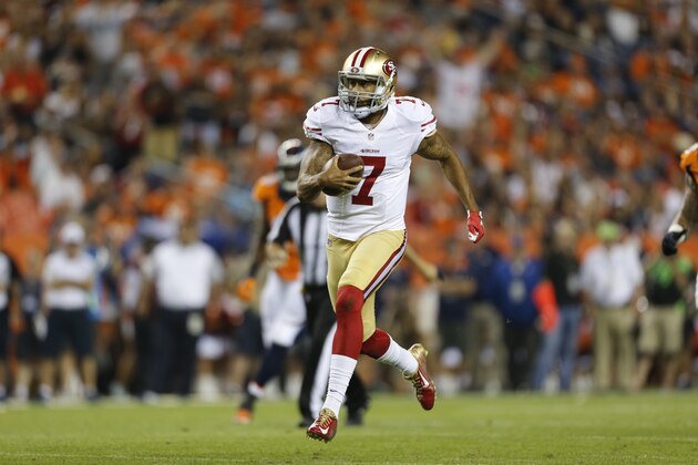 DENVER, CO - AUGUST 29: Colin Kaepernick #7 of the San Francisco 49ers rushes during the game against the Denver Broncos at Sports Authority Field on August 29, 2015 in Denver, Colorado. The Broncos defeated the 49ers 19-12. (Photo by Michael Zagaris/San Francisco 49ers/Getty Images)
