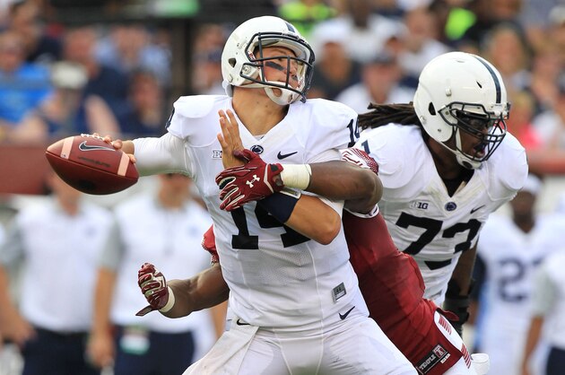 Sep 5, 2015; Philadelphia, PA, USA; Penn State Nittany Lions quarterback Christian Hackenberg (14) is sacked by Temple Owls defensive linesmen Haason Reddick (58) during the second quarter at Lincoln Financial Field. Temple defeated Penn State 27-10. Mandatory Credit: Matthew O'Haren-USA TODAY Sports Sep 5, 2015; Philadelphia, PA, USA; Penn State Nittany Lions quarterback Christian Hackenberg (14) is sacked by Temple Owls defensive linesmen Haason Reddick (58) during the second quarter at Lincoln Financial Field. Temple defeated Penn State 27-10. Mandatory Credit: Matthew O'Haren-USA TODAY Sports
