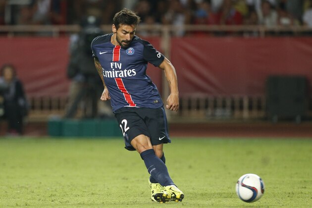 MONACO - AUGUST 30: Ezequiel Lavezzi of PSG in action during the French Ligue 1 match between AS Monaco and Paris Saint-Germain at Stade Louis II on August 30, 2015 in Monaco. (Photo by Jean Catuffe/Getty Images)