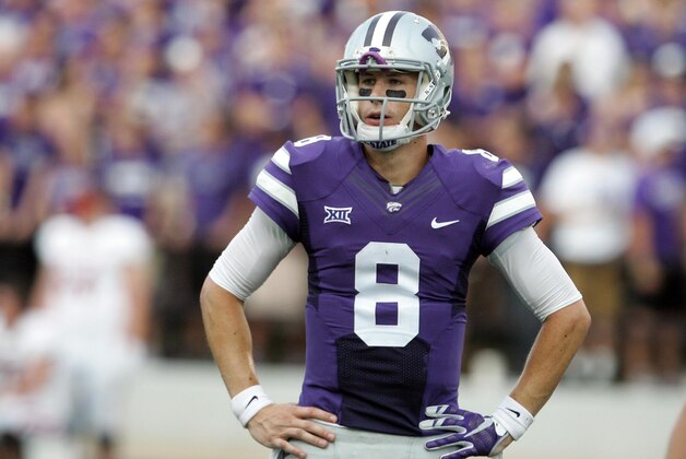 Sep 5, 2015; Manhattan, KS, USA; Kansas State Wildcats quarterback Joe Hubener (8) looks for a play from the sideline early in a game against the South Dakota Coyotes at Bill Snyder Family Football Stadium. Mandatory Credit: Scott Sewell-USA TODAY Sports
