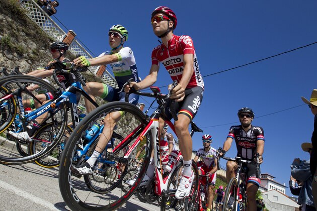 Cyclists ride during the 15th Stage of the 2015 Vuelta Espana cycling tour, a 175,8km route between Comillas and Sotres Cabrales on September 6, 2015. AFP PHOTO / JAIME REINA        (Photo credit should read JAIME REINA/AFP/Getty Images)