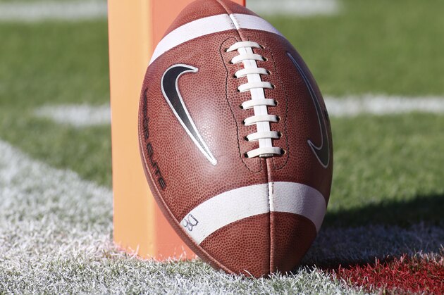 Oct 5, 2013; Norman, OK, USA; A view of a football and the end zone pylon before the game between Oklahoma Sooners and TCU Horned Frogs at Gaylord Family - Oklahoma Memorial Stadium. Mandatory Credit: Tim Heitman-USA TODAY Sports