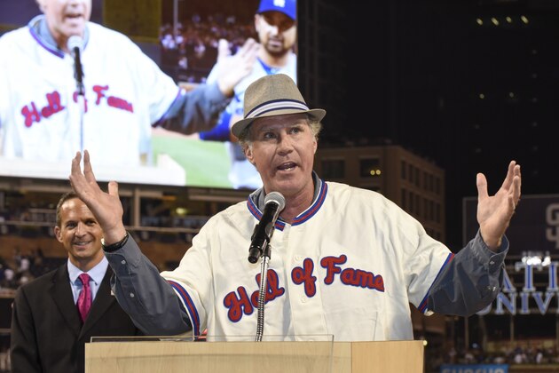 SAN DIEGO, CA - SEPTEMBER 5:  Actor Will Ferrell speaks to the crowd in his Baseball Hall of Fame jersey after a baseball game between the San Diego Padres and Los Angeles Dodgers at Petco Park September, 5, 2015 in San Diego, California.  Ferrell spoke to the crowd before a preview screening of the HBO comedy special, 'Ferrell Takes the Field.'  (Photo by Denis Poroy/Getty Images)