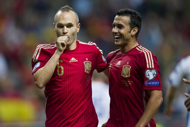 OVIEDO, SPAIN - SEPTEMBER 05:  Andres Iniesta (L) celebrates after scoring goal during the Spain v Slovakia EURO 2016 Qualifier at Carlos Tartiere on Sep 5, 2015 in Oviedo, Spain.   (Photo by Juan Manuel Serrano Arce/Getty Images)