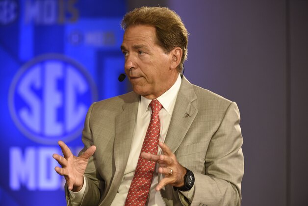 Jul 15, 2015; Birmingham, AL, USA; Alabama Crimson Tide head coach Nick Saban speaks to ESPN during SEC media day at the Wynfrey Hotel. Mandatory Credit: Shanna Lockwood-USA TODAY Sports
