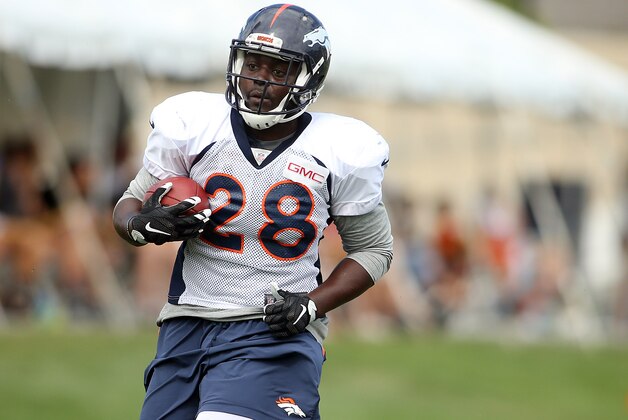 Aug 6, 2015; Denver, CO, USA; Denver Broncos running back Montee Ball (28) during training camp at the UCHealth Training Center. Mandatory Credit: Chris Humphreys-USA TODAY Sports