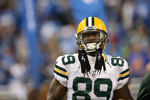 DETROIT, MI - NOVEMBER 28: James Jones #89 of the Green Bay Packers wacthes the action during the third quarter of the game against the Detroit Lions at Ford Field on November 28, 2013 in Detroit, Michigan. The Lions defeated the Packers 40-10.  (Photo by Leon Halip/Getty Images)