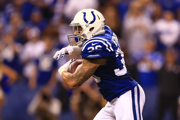 Jan 4, 2015; Indianapolis, IN, USA; Indianapolis Colts running back Dan Herron (36) against the Cincinnati Bengals during the 2014 AFC Wild Card playoff football game at Lucas Oil Stadium. Mandatory Credit: Andrew Weber-USA TODAY Sports