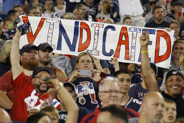 Sep 3, 2015; Foxborough, MA, USA; New England Patriots fans show their support for quarterback Tom Brady during the first quarter against the New York Giants at Gillette Stadium. Mandatory Credit: Stew Milne-USA TODAY Sports Sep 3, 2015; Foxborough, MA, USA; New England Patriots fans show their support for quarterback Tom Brady during the first quarter against the New York Giants at Gillette Stadium. Mandatory Credit: Stew Milne-USA TODAY Sports