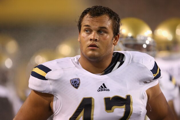 TEMPE, AZ - SEPTEMBER 25:  Defensive lineman Eddie Vanderdoes #47 of the UCLA Bruins on the sidelines during the college football game against the Arizona State Sun Devils at Sun Devil Stadium on September 25, 2014 in Tempe, Arizona. The Bruins defeated the Sun Devils 62-27.  (Photo by Christian Petersen/Getty Images)