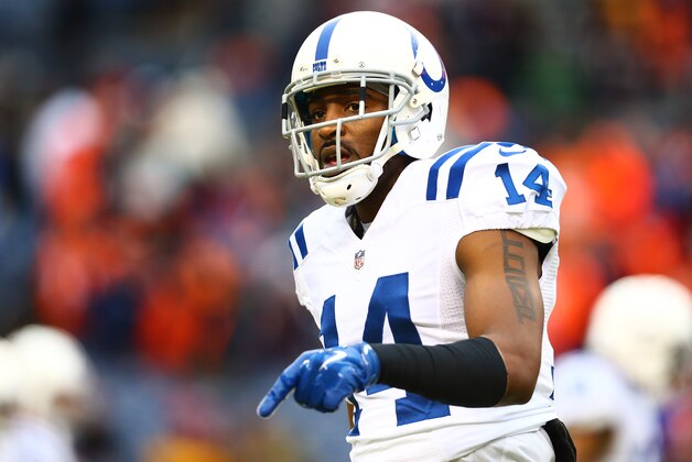 Jan 11, 2015; Denver, CO, USA; Indianapolis Colts wide receiver Hakeem Nicks (14) reacts against the Denver Broncos in the 2014 AFC Divisional playoff football game at Sports Authority Field at Mile High. The Colts defeated the Broncos 24-13. Mandatory Credit: Mark J. Rebilas-USA TODAY Sports