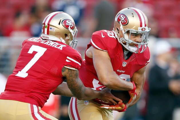 SANTA CLARA, CA - SEPTEMBER 03:  Jarryd Hayne #38 of the San Francisco 49ers warms up with Colin Kaepernick #7 before their NFL preseason game against the San Diego Chargers at Levi's Stadium on September 3, 2015 in Santa Clara, California.  (Photo by Ezra Shaw/Getty Images)