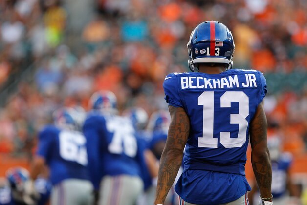 Aug 14, 2015; Cincinnati, OH, USA; New York Giants wide receiver Odell Beckham (13) against the Cincinnati Bengals in a preseason NFL football game at Paul Brown Stadium. The Bengals won 23-10. Mandatory Credit: Aaron Doster-USA TODAY Sports