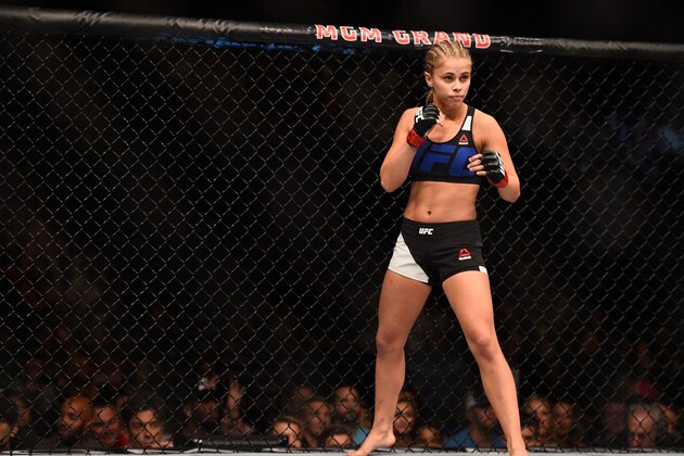 LAS VEGAS, NV - SEPTEMBER 05:  Paige VanZant prepares to face Alex Chambers in their women's strawweight bout during the UFC 191 event inside MGM Grand Garden Arena on September 5, 2015 in Las Vegas, Nevada.  (Photo by Jeff Bottari/Zuffa LLC/Zuffa LLC via Getty Images)