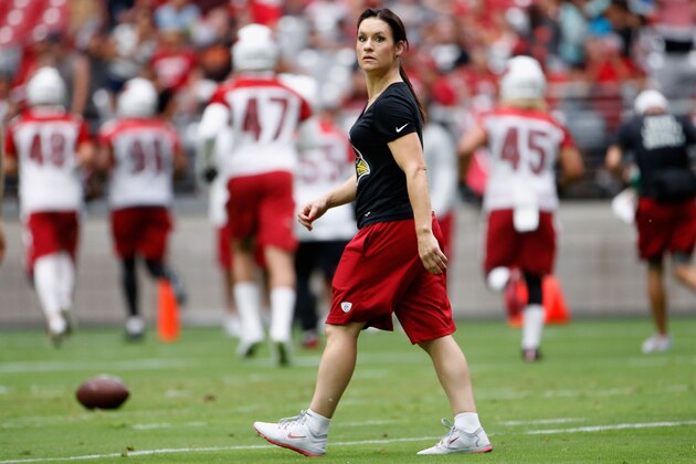 GLENDALE, AZ - AUGUST 01:  Training camp coach Jen Welter of the Arizona Cardinals walks the field during a team training camp at University of Phoenix Stadium on August 1, 2015 in Glendale, Arizona.  (Photo by Christian Petersen/Getty Images)