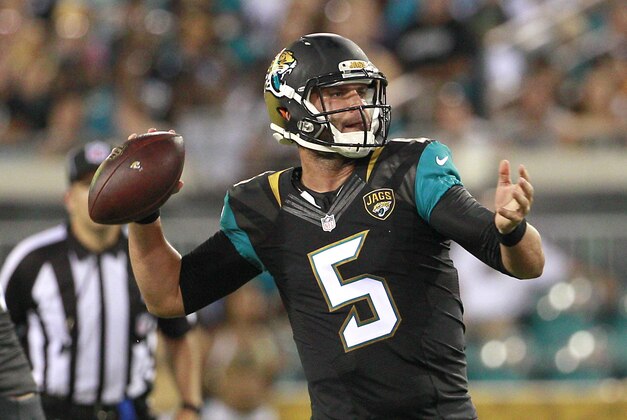 Aug 14, 2015; Jacksonville, FL, USA; Jacksonville Jaguars quarterback Blake Bortles (5) throws a pass during the first half of a preseason NFL football game against the Pittsburgh Steelers at EverBank Field. Mandatory Credit: Reinhold Matay-USA TODAY Sports