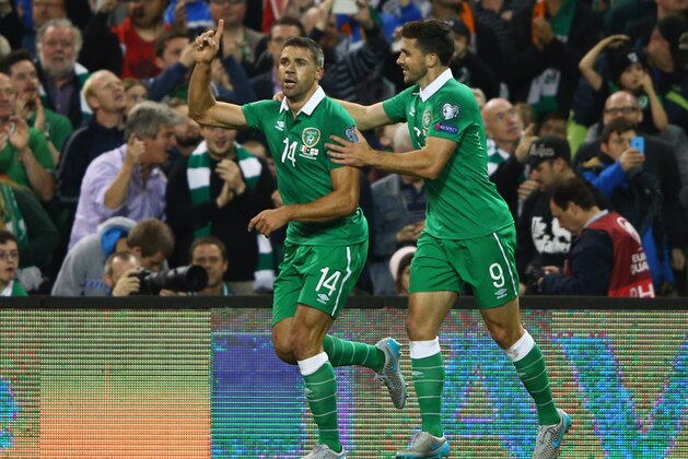 DUBLIN, IRELAND - SEPTEMBER 07:  Jonathan Walters of the Republic of Ireland (14) celebrates with Shane Long (9) as he scores their first goal during the UEFA EURO 2016 Group D qualifying match between Republic of Ireland and Georgia at Aviva Stadium on September 7, 2015 in Dublin, Ireland.  (Photo by Ian Walton/Getty Images)