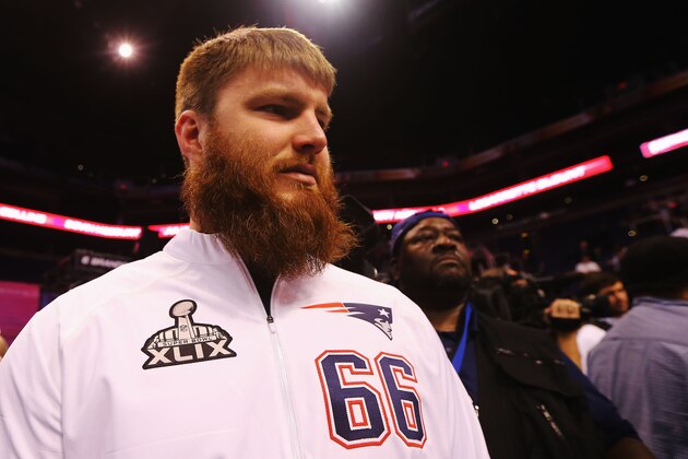 PHOENIX, AZ - JANUARY 27:  Bryan Stork #66 of the New England Patriots addresses the media at Super Bowl XLIX Media Day Fueled by Gatorade inside U.S. Airways Center on January 27, 2015 in Phoenix, Arizona.  (Photo by Elsa/Getty Images)
