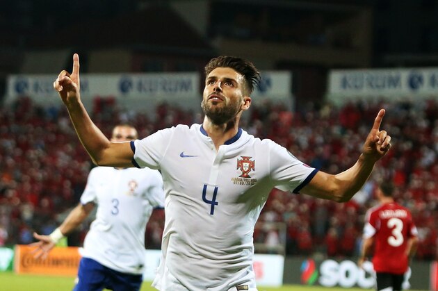 Portugal's Miguel Veloso celebrates after scoring during the Euro 2016 qualifying football match between Albania and Armenia at the Elbasan Arena in Elbasan on September 7, 2015. AFP PHOTO / GENT SHKULLAKU        (Photo credit should read GENT SHKULLAKU/AFP/Getty Images)