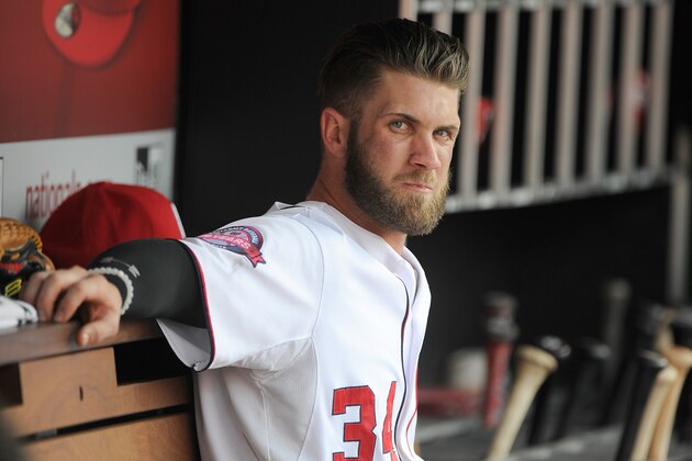 WASHINGTON, DC - AUGUST 30:  Bryce Harper #34 of the Washington Nationals watches the game against the Miami Marlins at Nationals Park on August 30, 2015 in Washington, DC.  (Photo by G Fiume/Getty Images)