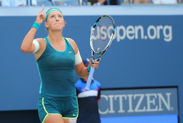 Sep 7, 2015; New York, NY, USA; Victoria Azarenka of Belarus celebrates after defeating Varvara Lepchenko of the United States on day eight of the 2015 U.S. Open tennis tournament at USTA Billie Jean King National Tennis Center. Mandatory Credit: Anthony Gruppuso-USA TODAY Sports