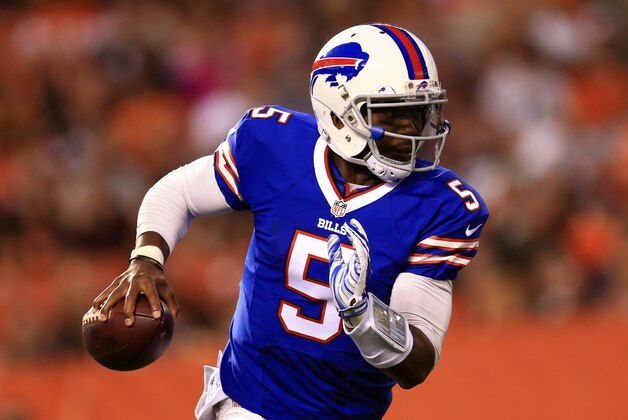 Aug 20, 2015; Cleveland, OH, USA; Buffalo Bills quarterback Tyrod Taylor (5) drops back to pass during the game against the Cleveland Browns at FirstEnergy Stadium. Mandatory Credit: Andrew Weber-USA TODAY Sports