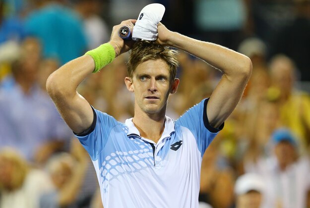 Sep 7, 2015; New York, NY, USA; Kevin Anderson of South Africa celebrates after defeating Andy Murray of Great Britain on day eight of the 2015 U.S. Open tennis tournament at USTA Billie Jean King National Tennis Center. Mandatory Credit: Jerry Lai-USA TODAY Sports
