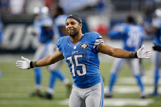 DETROIT, MI - NOVEMBER 9: Golden Tate #15 of the Detroit Lions celebrates after the game against the Miami Dolphins at Ford Field on November 9, 2014 in Detroit, Michigan. The Lions defeated the Dolphins 20-16. (Photo by Joe Robbins/Getty Images)