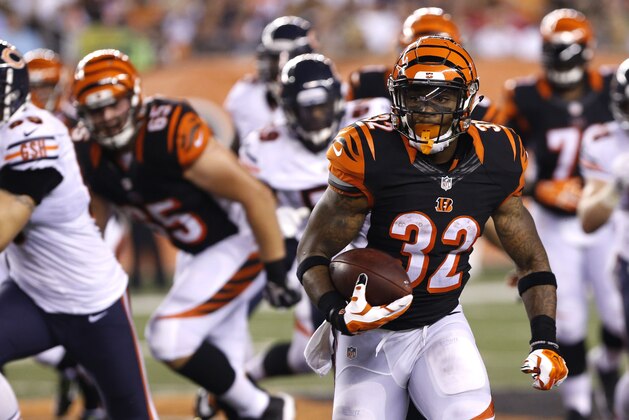 Aug 29, 2015; Cincinnati, OH, USA; Cincinnati Bengals running back Jeremy Hill (32) carries the ball in the first half against the Chicago Bears in a preseason NFL football game at Paul Brown Stadium. Mandatory Credit: Aaron Doster-USA TODAY Sports