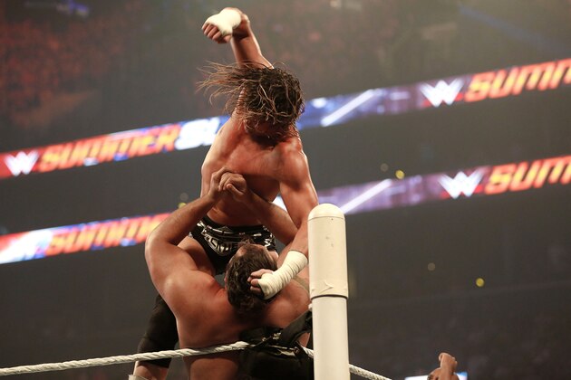 NEW YORK, NY - AUGUST 23:  Dolph Ziggler and Alexander Rusev battle it out at the WWE SummerSlam 2015 at Barclays Center of Brooklyn on August 23, 2015 in New York City.  (Photo by JP Yim/Getty Images)