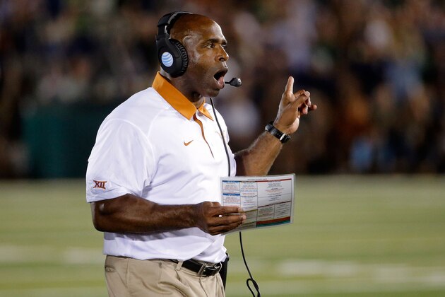 SOUTH BEND, IN - SEPTEMBER 05:  Head coach Charlie Strong of the Texas Longhorns on the sidelines during the game against the Notre Dame Fighting Irish at Notre Dame Stadium on September 5, 2015 in South Bend, Indiana.  (Photo by Jon Durr/Getty Images)