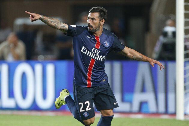 MONACO - AUGUST 30: Ezequiel Lavezzi of PSG celebrates his goal during the French Ligue 1 match between AS Monaco and Paris Saint-Germain at Stade Louis II on August 30, 2015 in Monaco. (Photo by Jean Catuffe/Getty Images)