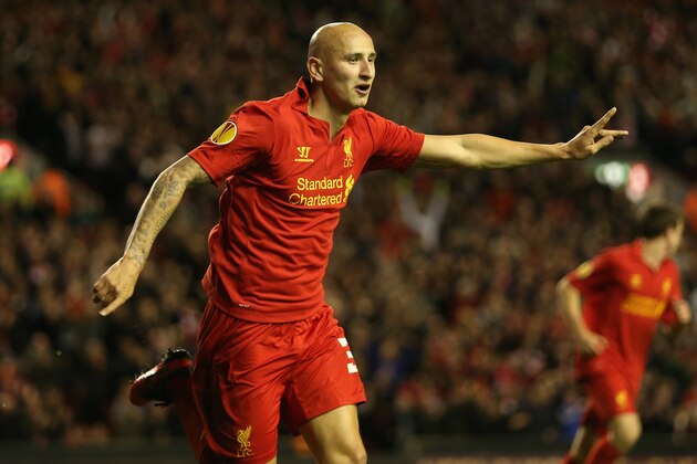 LIVERPOOL, ENGLAND - OCTOBER 04:  Jonjo Shelvey of Liverpool celebrates scoring the opening goal during the UEFA Europa League Group A match between Liverpool and Udinese at Anfield on October 4, 2012 in Liverpool, England.  (Photo by Clive Brunskill/Getty Images)