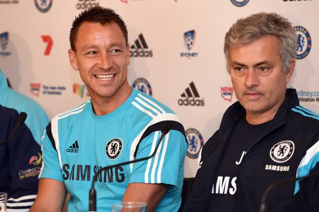 Chelsea football captain John Terry (L) smiles during a press conference with coach José Mourinho (R) after their arrival in Sydney on May 31, 2015.  The English Premier League champions take on local team Sydney FC on June 2.  AFP PHOTO/William WEST        (Photo credit should read WILLIAM WEST/AFP/Getty Images)