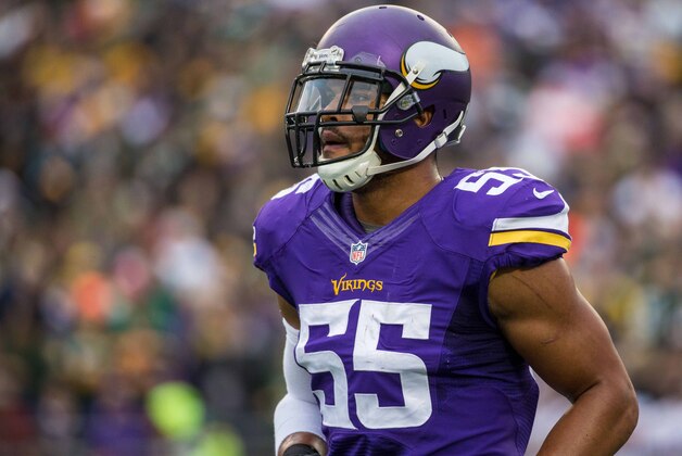 Nov 23, 2014; Minneapolis, MN, USA; Minnesota Vikings linebacker Anthony Barr (55) looks on during the second quarter against the Green Bay Packers at TCF Bank Stadium. The Packers defeated the Vikings 24-21. Mandatory Credit: Brace Hemmelgarn-USA TODAY Sports