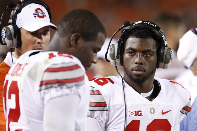 BLACKSBURG, VA - SEPTEMBER 7: J.T. Barrett #16 of the Ohio State Buckeyes talks to Cardale Jones #12 after he threw an interception in the second quarter against the Virginia Tech Hokies at Lane Stadium on September 7, 2015 in Blacksburg, Virginia. (Photo by Joe Robbins/Getty Images)