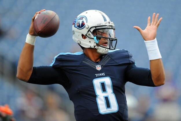 Sep 3, 2015; Nashville, TN, USA; Tennessee Titans quarterback Marcus Mariota (8) prior to the game against the Minnesota Vikings at Nissan Stadium. Mandatory Credit: Christopher Hanewinckel-USA TODAY Sports