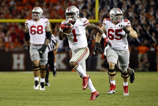 Sep 7, 2015; Blacksburg, VA, USA; Ohio State Buckeyes wide receiver Braxton Miller (1) runs for a touchdown during the third quarter against the Virginia Tech Hokies at Lane Stadium. Mandatory Credit: Peter Casey-USA TODAY Sports