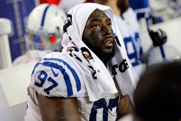 DENVER, CO - JANUARY 11:  Arthur Jones #97 of the Indianapolis Colts looks on from the bench against the Denver Broncos during a 2015 AFC Divisional Playoff game at Sports Authority Field at Mile High on January 11, 2015 in Denver, Colorado.  (Photo by Doug Pensinger/Getty Images)