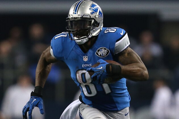 ARLINGTON, TX - JANUARY 04: Calvin Johnson #81 of the Detroit Lions runs during a NFC Wild Card Playoff game against the Dallas Cowboys at AT&T Stadium on January 4, 2015 in Arlington, Texas. (Photo by Sarah Glenn/Getty Images)