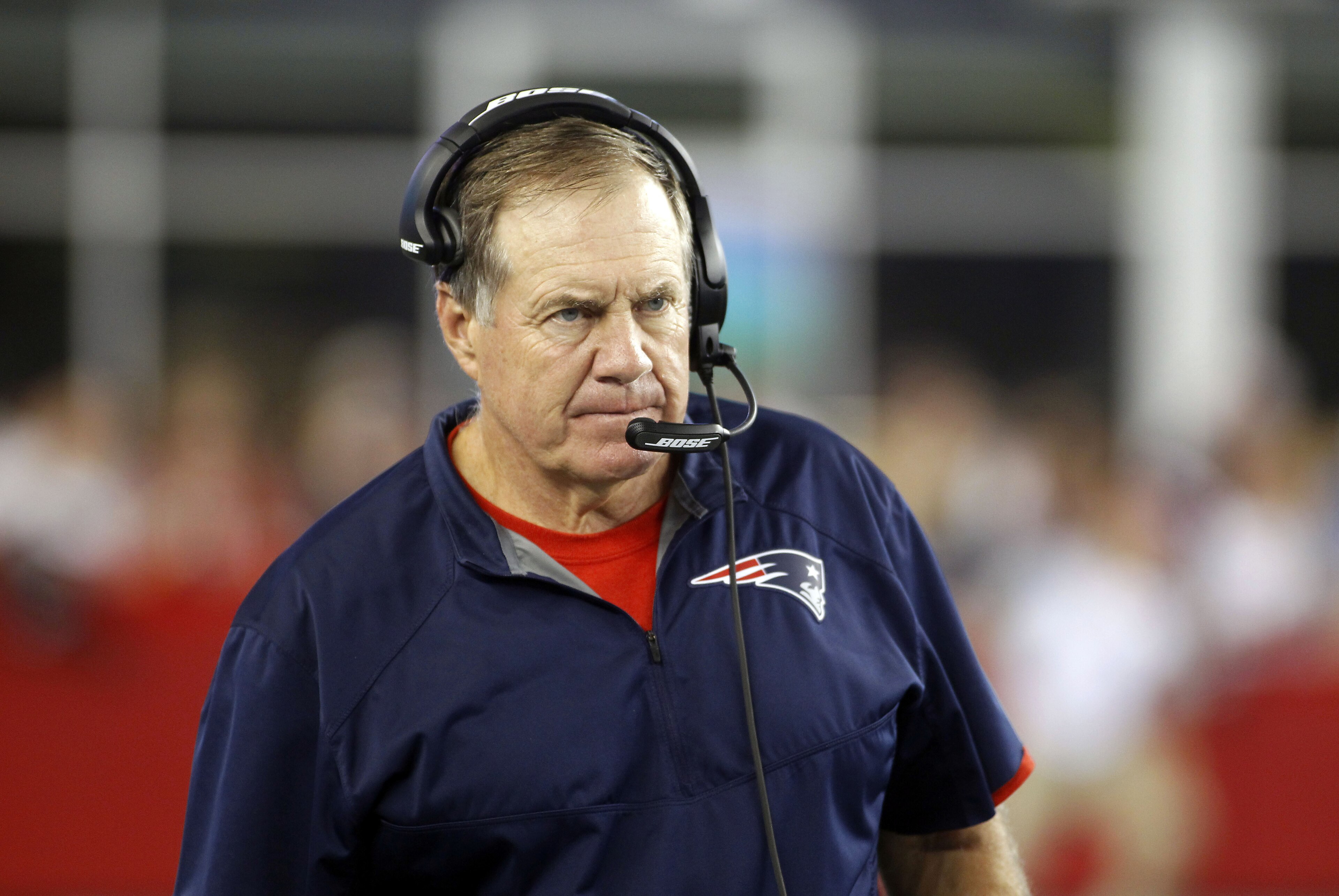 Sep 3, 2015; Foxborough, MA, USA; New England Patriots head coach Bill Belichick on the sideline during the first quarter against the New York Giants at Gillette Stadium. Mandatory Credit: Stew Milne-USA TODAY Sports