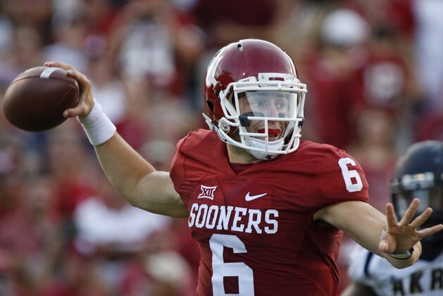 NORMAN, OK - SEPTEMBER 5:  Quarterback Baker Mayfield #6 of the Oklahoma Sooners looks to throw against the Akron Zips September 5, 2015 at Gaylord Family-Oklahoma Memorial Stadium in Norman, Oklahoma. Oklahoma defeated Akron 41-3.(Photo by Brett Deering/Getty Images)