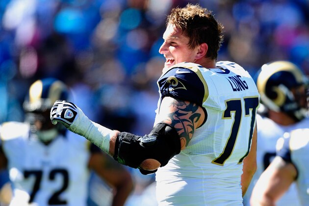 CHARLOTTE, NC - OCTOBER 20: Jake Long #77 of the St. Louis Rams against the Carolina Panthers during play at Bank of America Stadium on October 20, 2013 in Charlotte, North Carolina. The Panthers won 30-15. (Photo by Grant Halverson/Getty Images)